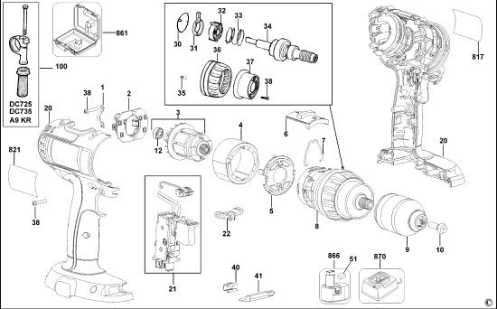 DEWALT Ersatzteile AKKU-BOHRMASCHINE DC725K Typ: 10 QW