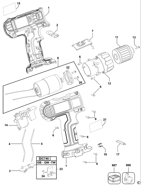 DEWALT Ersatzteile AKKU SCHRAUBER DC733C Typ: 1 QW