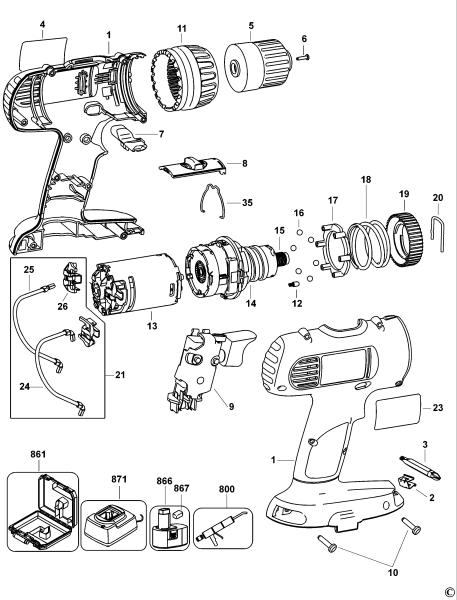 DEWALT Ersatzteile AKKU-BOHRMASCHINE DW928K2 Typ: 1 XJ