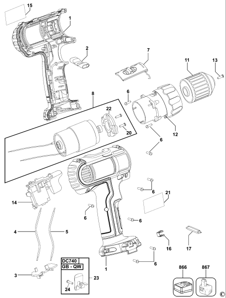 DEWALT Ersatzteile AKKU-BOHRMASCHINE DC740 Typ: 3 QW