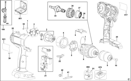 DEWALT Ersatzteile AKKU-BOHRMASCHINE DC722K Typ: 1 XJ