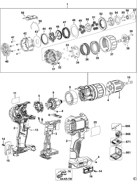 DEWALT Ersatzteile AKKU-BOHRMASCHINE DCD780 Typ: 1 QW