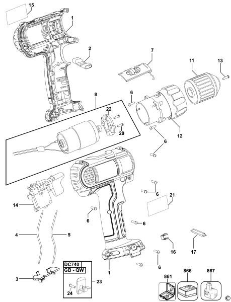 DEWALT Ersatzteile AKKU-BOHRMASCHINE DC740 Typ: 4 QW