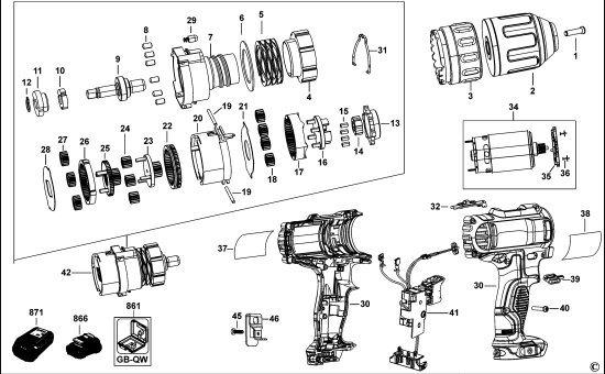 DEWALT Ersatzteile AKKU-BOHRMASCHINE DCD710 Typ: 2 QW