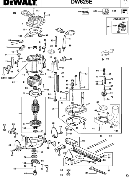 DEWALT Ersatzteile HOHLFRÄSER DW625E Typ: 7 QS