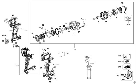 DEWALT Ersatzteile AKKU-BOHRMASCHINE 18V LI-ION DCD991 Typ: 10 QW