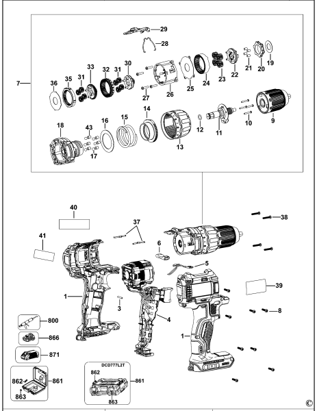 DEWALT Ersatzteile AKKU-BOHRMASCHINE DCD777 Typ: 1 QW