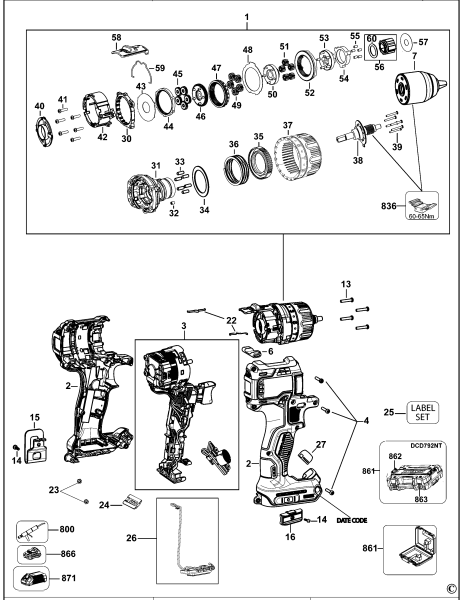 DEWALT Ersatzteile AKKU-BOHRMASCHINE 18V LI-ION DCD792 Typ: 1 QW
