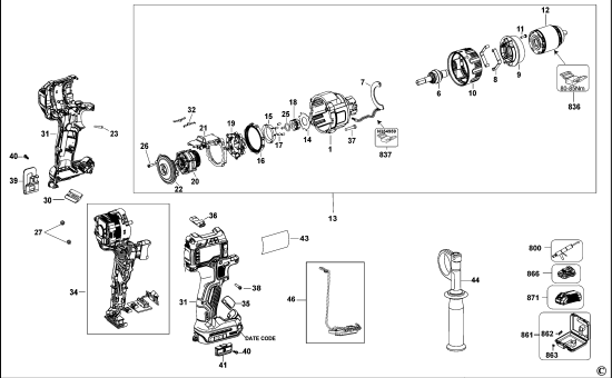 DEWALT Ersatzteile AKKU-BOHRMASCHINE 18V LI-ION DCD992 Typ: 1 QW