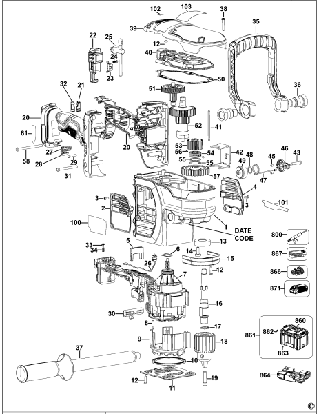 DEWALT Ersatzteile AKKU-BOHRMASCHINE DCD460 Typ: 1 QW