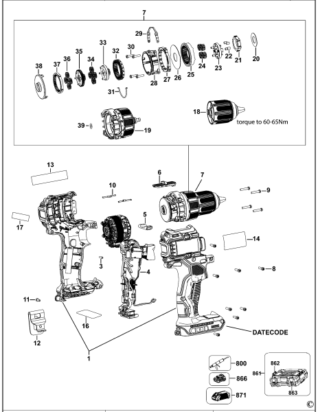 DEWALT Ersatzteile AKKU-BOHRMASCHINE DCD708 Typ: 1 QW