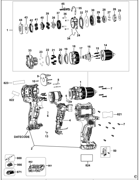 DEWALT Ersatzteile AKKU-BOHRMASCHINE DCD701 Typ: 1 QW