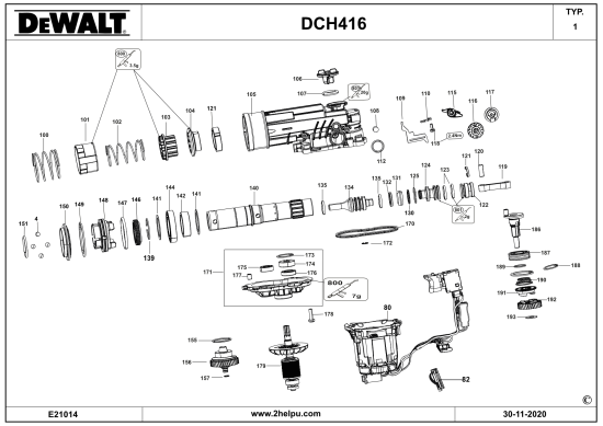 DEWALT Ersatzteile AKKU BOHRHAMMER DCH416B Typ: 1 QU
