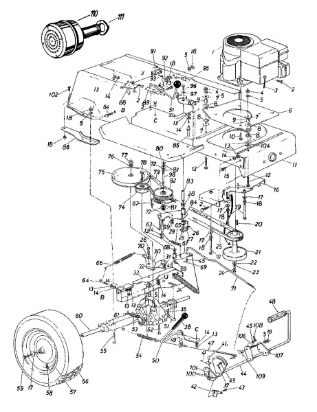 Ersatzteile Novotrac Rasentraktoren NOVO SUPER 110 SL Typ: 135-6821 (1985) Fahrantrieb, Motorkeilriemenscheibe, Pedal, Räder hinten