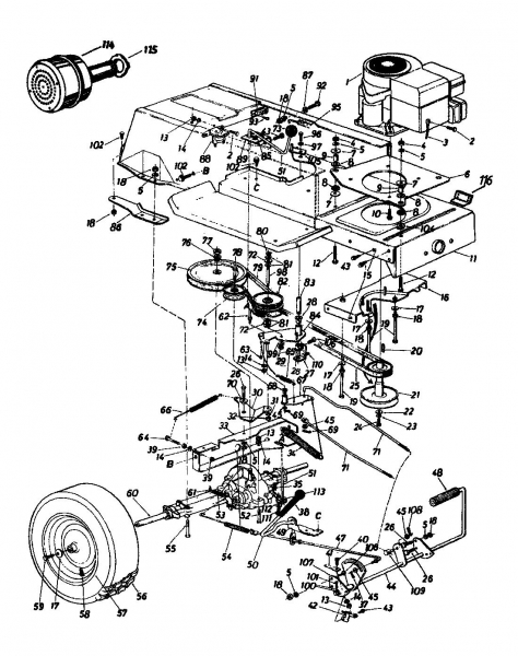 Ersatzteile Super Rasentraktoren Super 111 Typ: 136-6981  (1986) Fahrantrieb, Motorkeilriemenscheibe, Pedal, Räder hinten