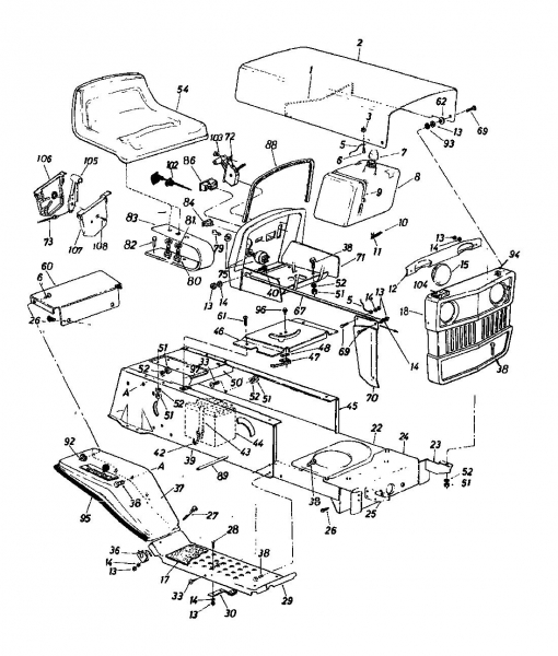 Ersatzteile Columbia Rasentraktoren 110/760 HA Typ: 136-6220 (1986) Armaturenbrett, Motorhaube, Sitzwanne