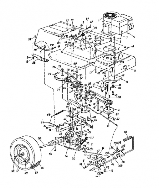 Ersatzteile Novotrac Rasentraktoren NOVOTRAC 11-76 HA Typ: 138-5420 (1988) Fahrantrieb, Motorkeilriemenscheibe, Pedal, Räder hinten