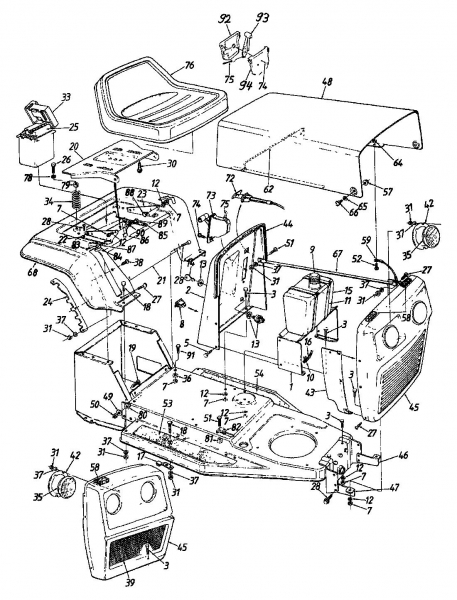 Ersatzteile Columbia Rasentraktoren 111/810 Typ: 138-3470 (1988) Armaturenbrett, Motorhaube, Sitzwanne