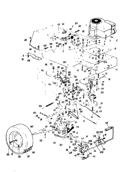 Ersatzteile Super Rasentraktoren Super 12-96 I/C Typ: 139-6520  (1989) Fahrantrieb, Motorkeilriemenscheibe, Pedal, Räder hinten