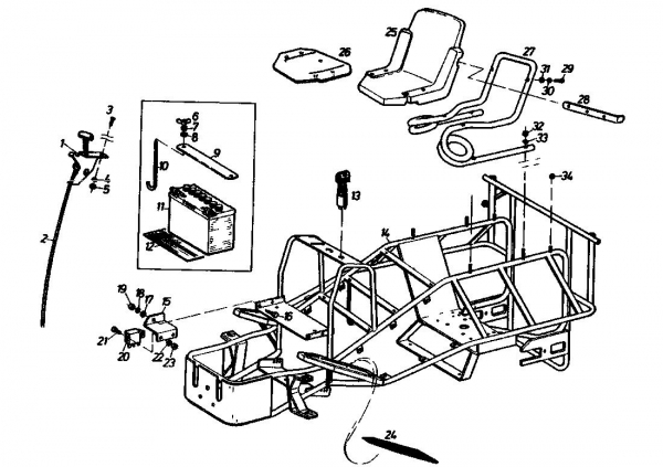 Ersatzteile Golf Rasentraktoren 170 HD 4 Typ: 02840.02  (1989) Batterie, Rahmen, Sitz