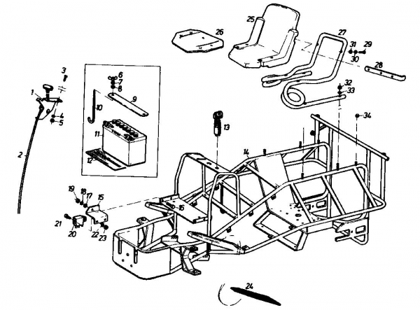 Ersatzteile Gutbrod Rasentraktoren Sprint 1000 E Typ: 02840.04  (1989) Batterie, Rahmen, Sitz
