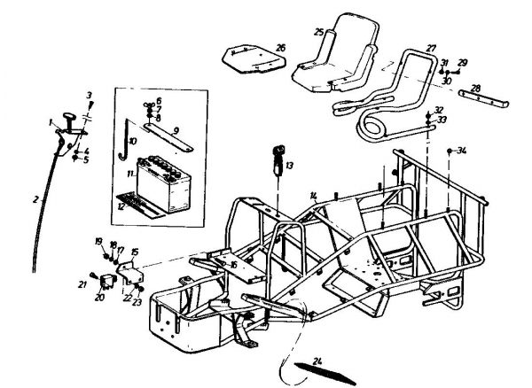 Ersatzteile Gutbrod Rasentraktoren Sprint 800 E Typ: 02840.06  (1989) Batterie, Rahmen, Sitz