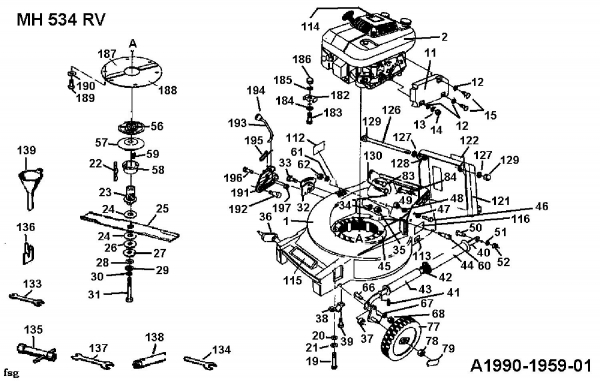 Ersatzteile Gutbrod Motormäher mit Antrieb MH 534 RV Typ: 04007.02  (1990) Messer, Räder vorne, Schnitthöhenverstellung