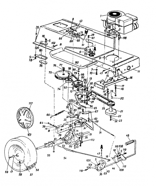 Ersatzteile Super Rasentraktoren Super 12-96 N Typ: 131-659F  (1991) Fahrantrieb, Motorkeilriemenscheibe, Pedal, Räder hinten