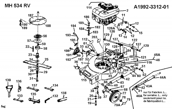 Ersatzteile Gutbrod Motormäher mit Antrieb MH 534 RV Typ: 04007.02  (1992) Messer, Räder vorne, Schnitthöhenverstellung