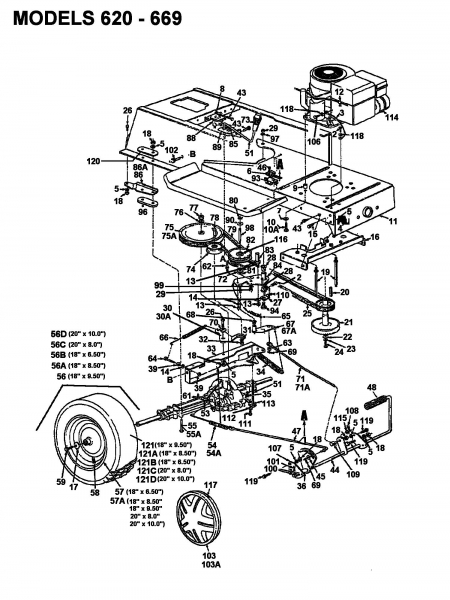 Ersatzteile Raiffeisen Rasentraktoren 112 ESL Typ: 132-650F628  (1992) Fahrantrieb, Motorkeilriemenscheibe, Pedal, Räder hinten