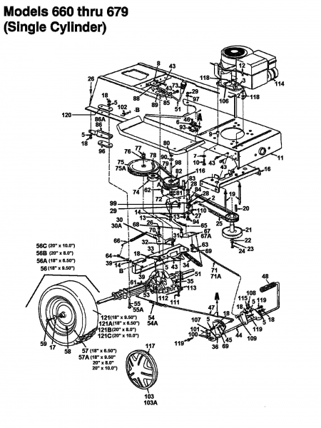 Ersatzteile MTD Rasentraktor 11/30 Typ: 133C679C600  (1993) Fahrantrieb, Motorkeilriemenscheibe, Pedal, Räder hinten 