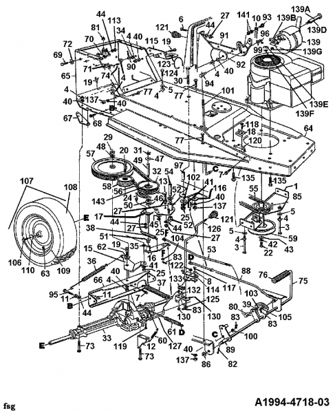 Ersatzteile Floraself Rasentraktoren B 12 Typ: 134H352D668  (1994) Fahrantrieb, Motorkeilriemenscheibe, Pedal, Räder hinten