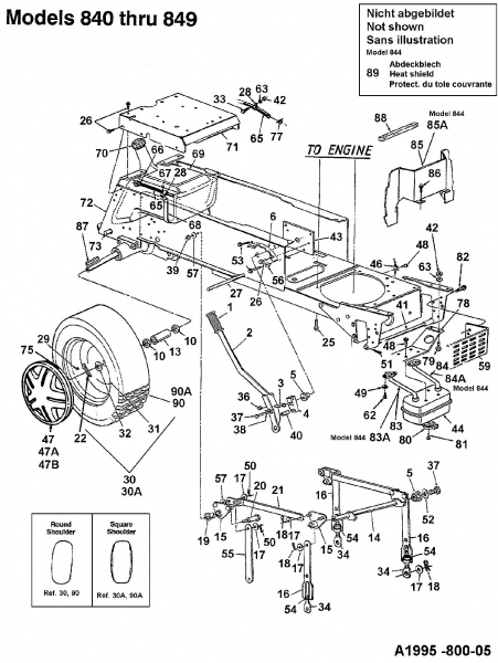 Ersatzteile MTD Gartentraktor U 845 H Typ: 144U845H678  (1994) Auspuff, Räder hinten, Mähwerksaushebung 