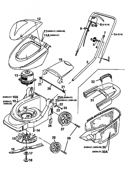 Ersatzteile MTD Elektro Rasenmäher ohne Antrieb E 32 W Typ: 04064.01  (1997) Grundgerät 