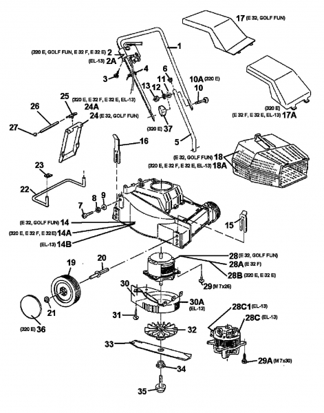 Ersatzteile MTD Elektro Rasenmäher ohne Antrieb E 32 F Typ: 18A-A0B-678  (1998) Grundgerät 