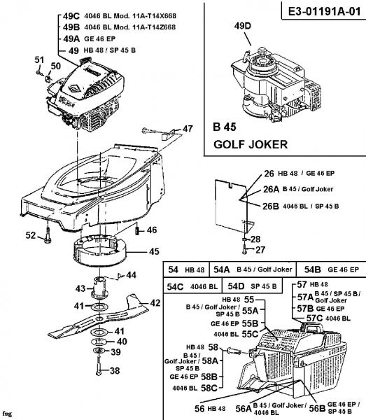 Ersatzteile MTD Benzin Rasenmäher ohne Antrieb GE 46 EP Typ: 11A-T02Z678  (1998) Grasfangkorb, Messer, Motor 