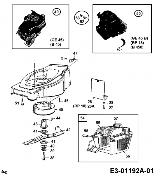 Ersatzteile MTD Benzin Rasenmäher ohne Antrieb GE 45 Typ: 11A-T01V678  (1998) Grasfangkorb, Messer, Motor 