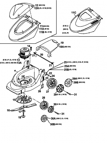 Ersatzteile MTD Elektro Rasenmäher ohne Antrieb E 32 JP Typ: 18A-C0D-678  (1998) Elektromotor, Messer, Räder 