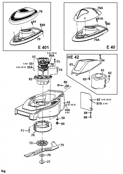 Ersatzteile MTD Elektro Rasenmäher ohne Antrieb E 40 Typ: 18A-L0F-678  (1998) Elektromotor, Messer 