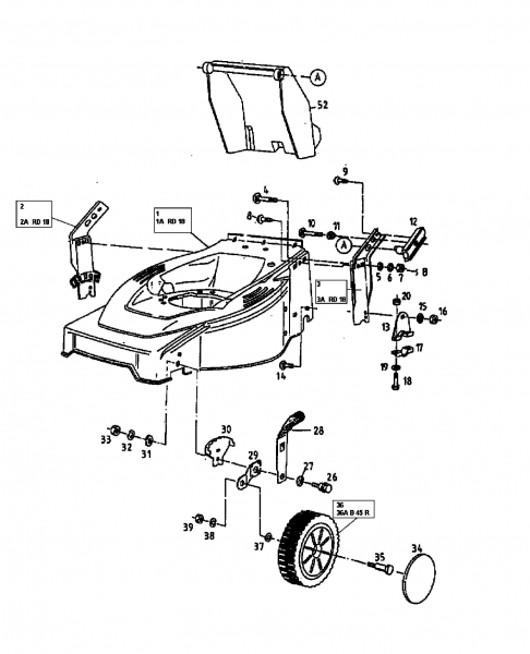 Ersatzteile MTD Benzin Rasenmäher mit Antrieb B 45 R Typ: 12A-T01Y600  (1998) Höhenverstellung, Räder vorne 