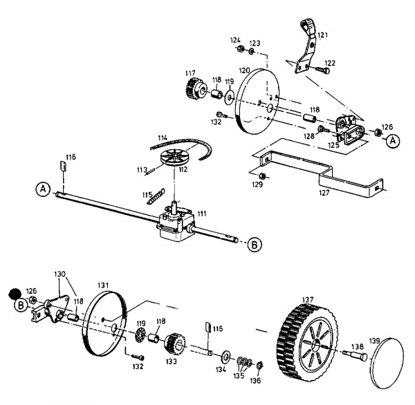 Ersatzteile MTD Benzin Rasenmäher mit Antrieb B 45 R Typ: 12A-T01Y600  (1998) Getriebe, Räder 