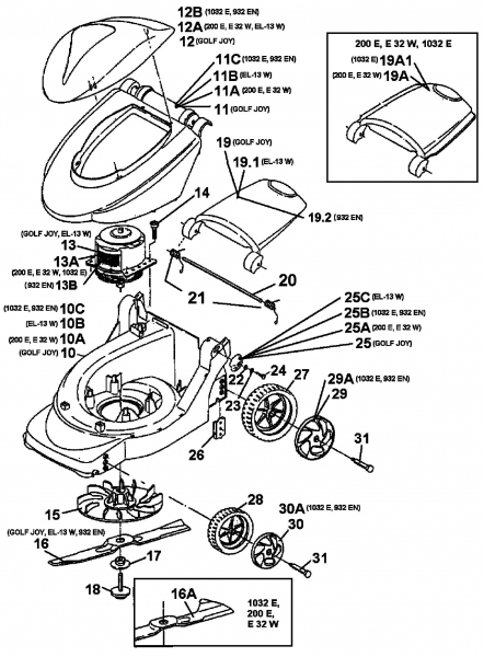 Ersatzteile MTD Elektro Rasenmäher ohne Antrieb E 32 W Typ: 18B-C3D-678  (1999) Elektromotor, Messer, Räder 