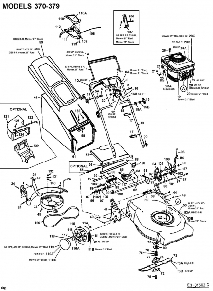 Ersatzteile MTD Benzin Rasenmäher mit Antrieb 378 N Typ: 12A-378N602  (2002) Grundgerät 