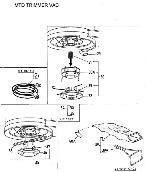 Ersatzteile MTD Elektro Rasentrimmer Trim Vac Typ: 18B-B4I-678  (2003) Fadenspule, Fangsack, Messer 