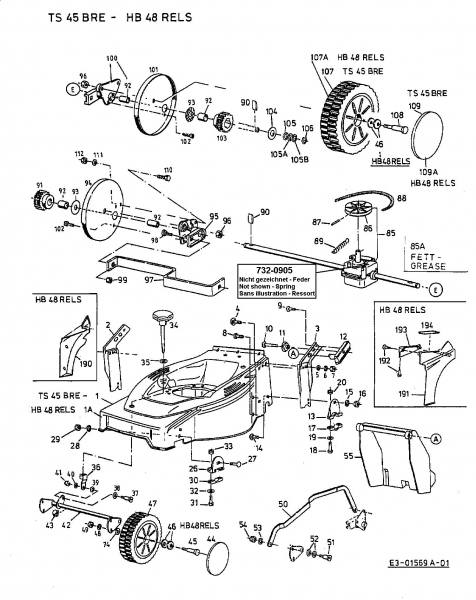 Ersatzteile Turbo Silent Motormäher mit Antrieb TS 45 BRE Typ: 12CET73O667  (2001) Getriebe, Höhenverstellung, Räder