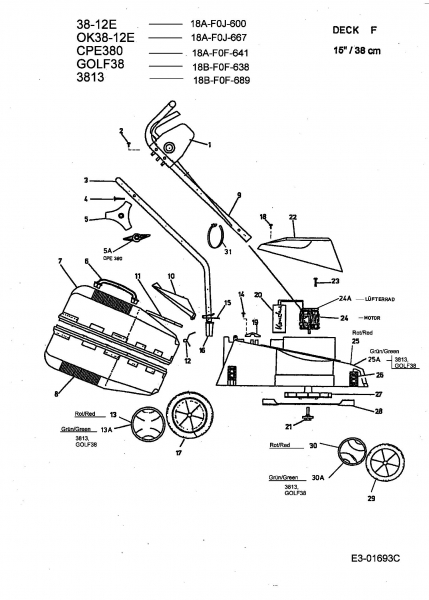 Ersatzteile MTD Elektro Rasenmäher ohne Antrieb 38-12 E Typ: 18A-F0J-600  (2004) Grundgerät 