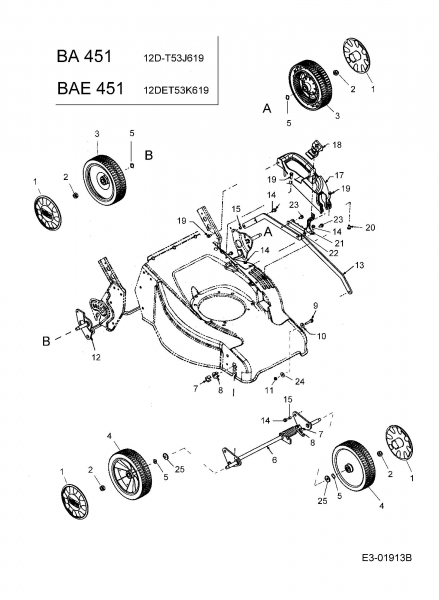 Ersatzteile Fleurelle Motormäher mit Antrieb BA 451 Typ: 12D-T53J619  (2005) Höhenverstellung, Räder