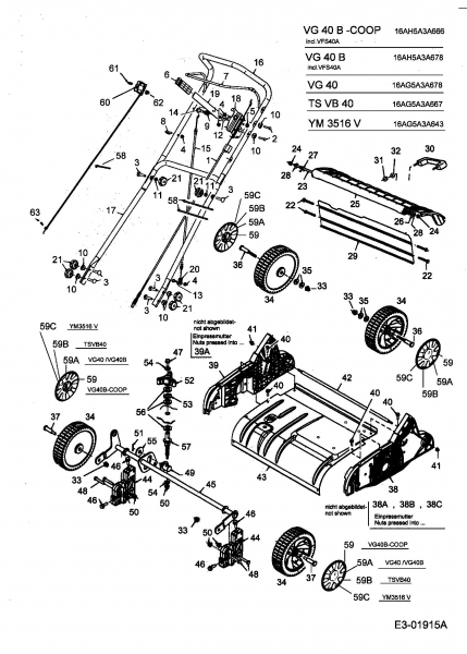 Ersatzteile MTD Benzin Vertikutierer VG 40 Typ: 16AH5A3A678  (2004) Holm, Räder 