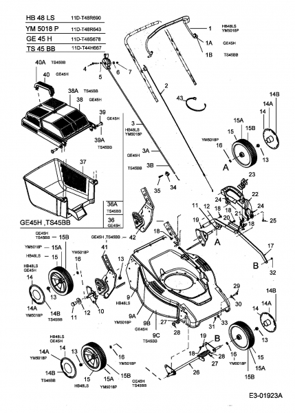 Ersatzteile Turbo Silent Motormäher TS 45 BB Typ: 11D-T44H667  (2004) Grasfangkorb, Höhenverstellung, Räder