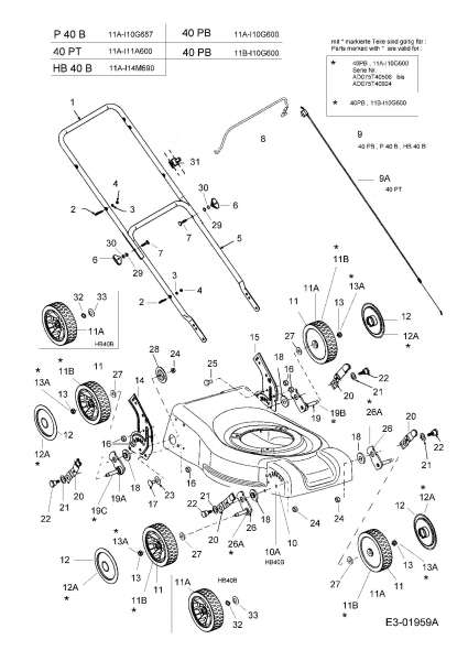 Ersatzteile MTD Benzin Rasenmäher ohne Antrieb 40 PT Typ: 11A-I11A600  (2005) Grundgerät 